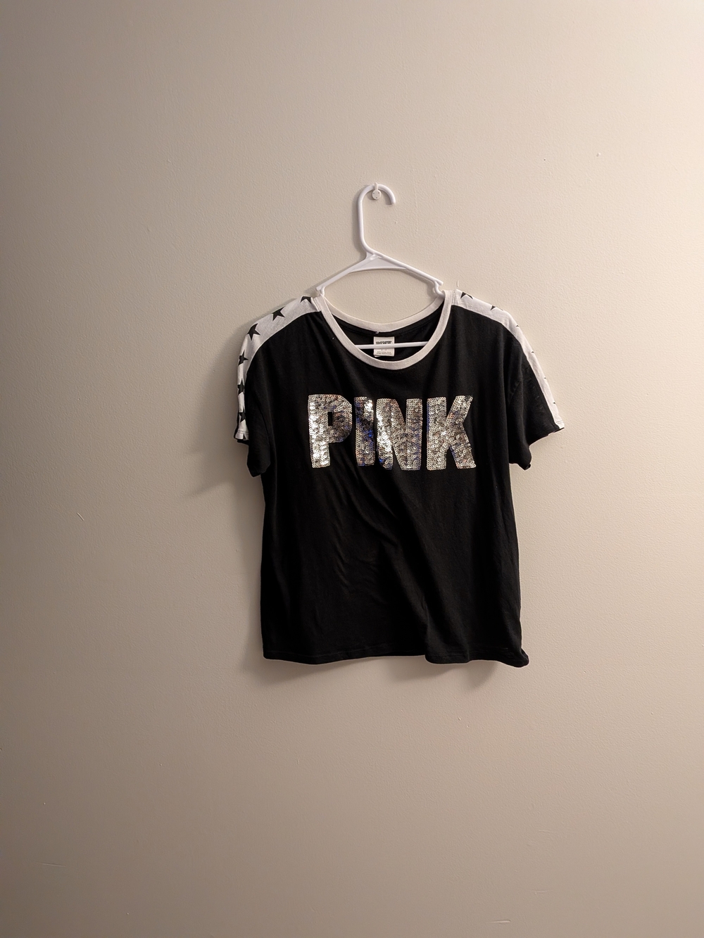 PINK Short-Sleeve Black Tee with Silver Sequin Logo